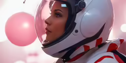 the woman in a astronaut helmet is looking off to the side