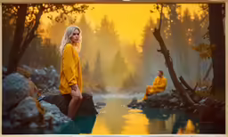 a blonde woman sitting on a rock near a river