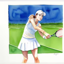 painting of a woman tennis player on a court in motion,a woman is hitting a tennis ball with a racket,this is a watercolor painting of a female tennis player,watercolor painting of a girl on a tennis court,a drawing of a woman tennis player getting ready to hit the ball