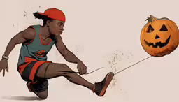 a drawing of a person jumping to a pumpkin,a drawing of a basketball player pulling a pumpkin on a string