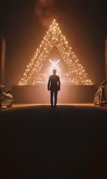 a man standing in front of a lit pyramid at night