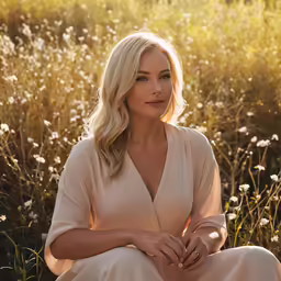 the beautiful blonde girl sitting in front of flowers is smiling