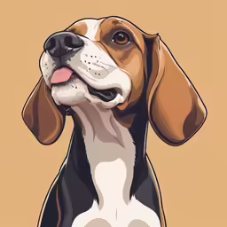 a brown and white beagle dog is sticking its tongue out