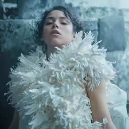 the woman is lying down in a white gown