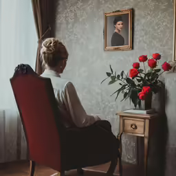 a woman sitting in a chair with roses and a vase