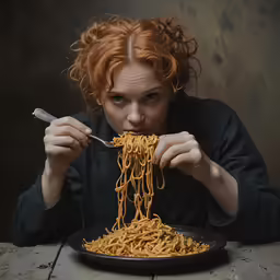 the woman is eating noodles with a fork
