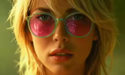 a woman with pink teary glasses posing for the camera