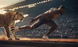 a man and a leopard are kicking a football