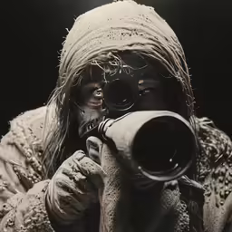 a person with a hood holding a camera and lens to their face
