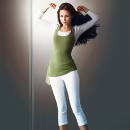 an attractive young woman posing in front of a light pole