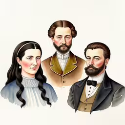 a portrait of three people, the woman in the suit is wearing a tiara,a painting of two people and a man