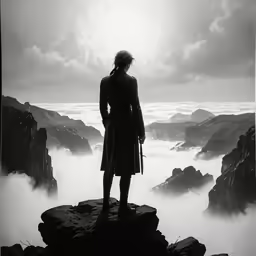 a man with his back turned is standing on top of a mountain looking out over the clouds