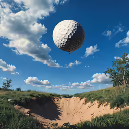 a balloon with a golf ball attached to it flying in the sky above a field