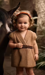 a toddler smiles next to a horse