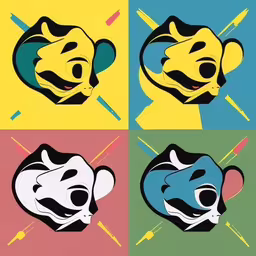 an image of four colored images with animal heads,four square posters showing different images of the same character