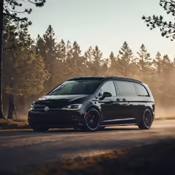 the volkswagen van is driving down the road