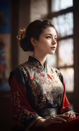 a woman is looking out a window with a red shawl