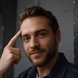 a male in a blue jacket holding a finger to his head