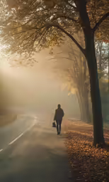 woman walking in the fall on a road, in the sunlight