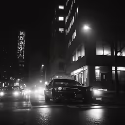 black and white photograph of a city at night