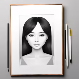a girl with long hair and pencils on a desk