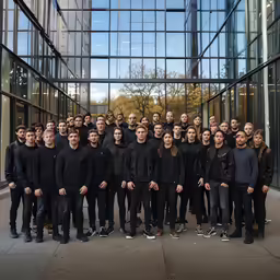 a group of people are standing in front of a large glass window