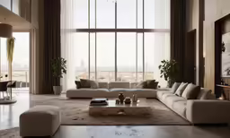 a modern living room with a view of the city
