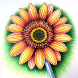 an artistic picture that looks like a painted flower,a colorful drawing of a flower is shown in color,an orange flower with green petals is colored,a drawing of a flower is colored with orange and yellow,a colorful drawing of a flower on white paper