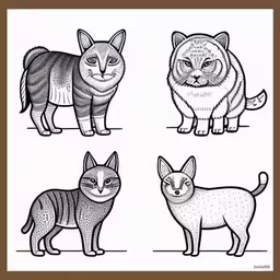 a picture of three cats that are looking to be different types of cat,six different types of cats are shown in black and white