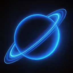 saturn in the night sky, with a blue glow of light