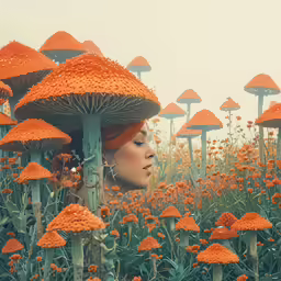 a woman is in a field of tall mushrooms