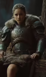 a woman wearing armor sits on a log