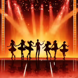 people dancing on stage with lights in background,a group of women performing on a stage