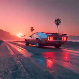 a vintage mustang driving on a road near the beach