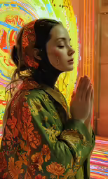 woman in oriental dress with hand praying inside painting