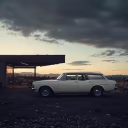 the old station wagon parked by the gas pump at sunset