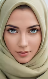 a woman with light skin and brown eyes wearing a hijab