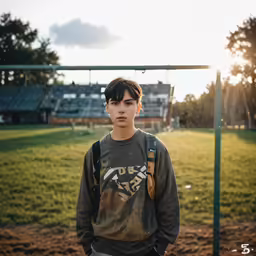 a boy wearing a sweater and jeans looking to his right