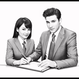 an attractive young business couple sitting at a desk with their papers