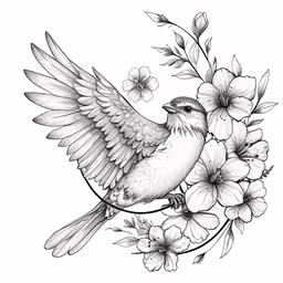 black and white bird with flowers