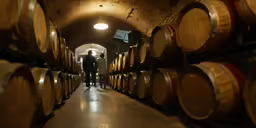 man looking inside the cellar filled with wine barrels