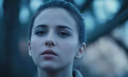 a woman with blue eyes looks off into the distance