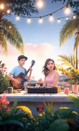 the poster for a musical show starring a girl and boy on guitar
