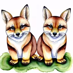 a pair of little foxes sitting side by side on top of green leaves,watercolor painting of two little foxes,two very pretty little animals sitting side by side,two foxes standing next to each other with their mouths open,two foxes are standing next to each other