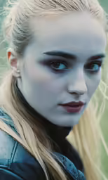 a close up of a woman with a ponytail and makeup