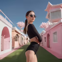 a girl in black shorts and sunglasses near some pink buildings