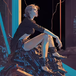 a woman sitting on top of a motorcycle while holding onto her leg