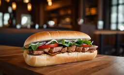 a sub sandwich sitting on top of a wooden table