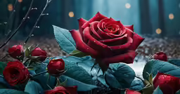 a beautiful red rose in a forest with drops of water