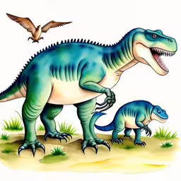 two dinosaurs standing on some sand by a seagull